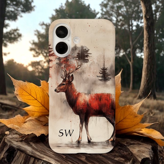 Coques Case-Mate iPhone Red Deer Dans La Forêt Monogrammé (Créateur téléchargé)