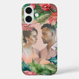 Coque Pour iPhone 16 Red Poinsettia Green Holly Photo de famille de Noë