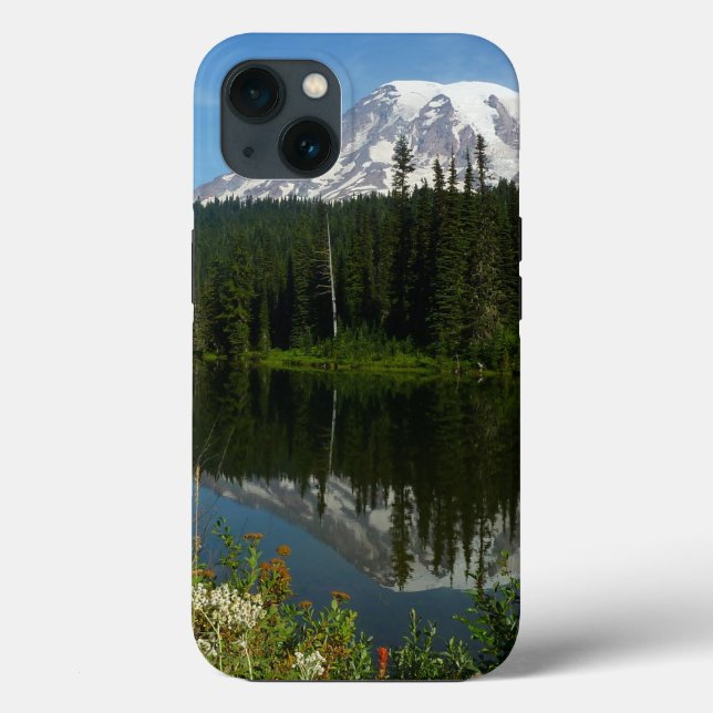 Coques Case-Mate iPhone Reflet du lac du mont Rainier avec des fleurs sauv (Verso)