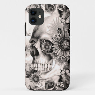 Coque iPhone 11 Réflexion, crâne floral de paysage