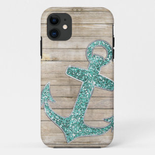 Coques Pour iPhone Regard nautique Girly d'Ancre et en bois d'Aqua