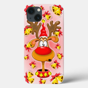 Etui iPhone 13 Reindeer amusant Caricature de Noël avec cloches A