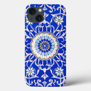 Coque Case-Mate iPhone Remous floraux vintages contre le bleu de bleuet