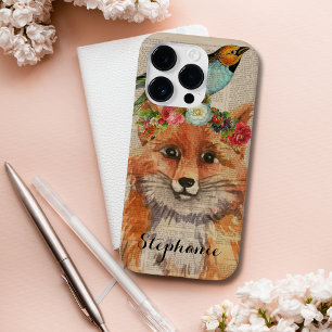 Coque Case-Mate iPhone Renard aquarelle Collage floral Nom personnalisé