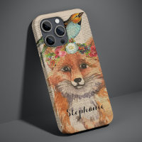 Renard aquarelle florale collage nom personnalisé