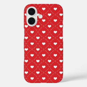 Coque Pour iPhone 16 Réseau Géométrique Classique Cœur Rouge Blanc