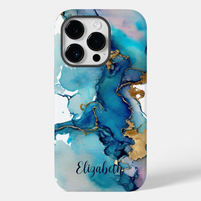 Coques Case-Mate iPhone Résumé aquarelle abstraite bleu or Monogram Splash (Verso)