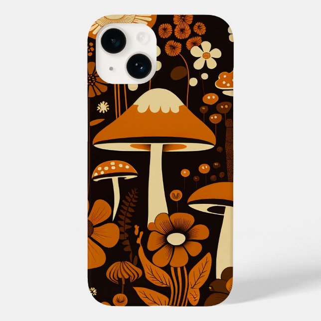 Coques Case-Mate iPhone Rétro années 1970 Champignons et fleurs Brown et o (Verso)