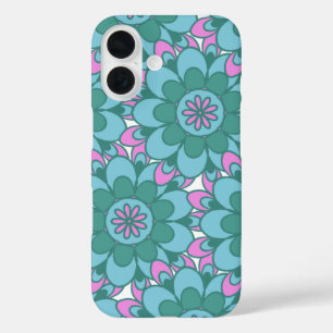 Coque Pour iPhone 16 Retro Boho Turquoise Mandala Flower Motif