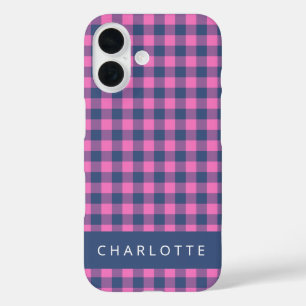 Coque Pour iPhone 16 Retro Buffalo Plaid Pink Blue Nom personnalisé