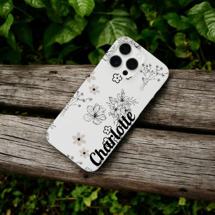 Coque iPhone 16 Pro Max Retro Chic noir & blanc motif floral Whimsical