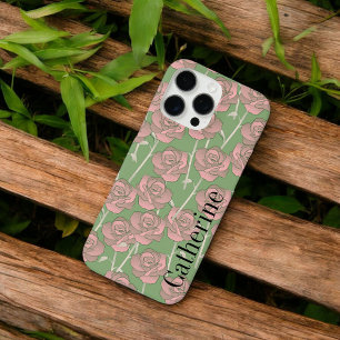 Coque iPhone 16 Pro Max Retro Chic vert et rose motif floral Whimsical
