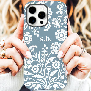 Coque iPhone 16 Pro Max Rétro Fleur Sauvage Floral Monogramme Bleu Poussié
