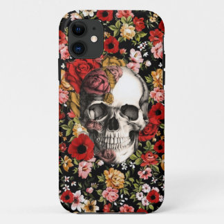 Coque iPhone 11 Rétro floral avec le motif de crâne