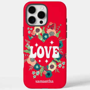 Coque iPhone 16 Pro Max Retro Floral Heart Love Red Valentine's Day