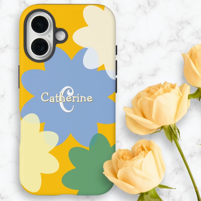 Coques Case-Mate iPhone Retro Floral Yellow Spring Super Monogramme (A pretty phone case in sunshine yellow with overlapping boho flower shapes and custom monogram)