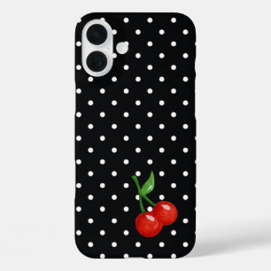 Coque Pour iPhone 16 Plus Retro Look noir Polka point avec cerises