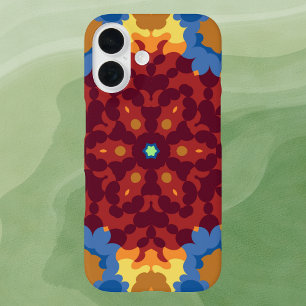 Coque Pour iPhone 16 Retro Mandala rouge bleu et jaune