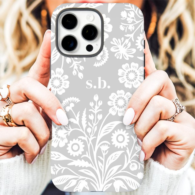 Coques Case-Mate iPhone Rétro Monogramme Floral Fleur Sauvage Gris (Créateur téléchargé)