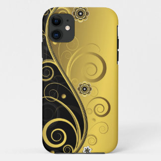 Coque iPhone 11 Rétro noir élégant et remous floral d'or