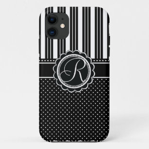 Coque iPhone 11 Rétro noir et blanc élégant chic du monogramme