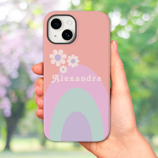 Coques Case-Mate iPhone Retro Pastel Rainbow Stripes Nom Floral (Retro 70s vintage pastel arch and daisy custom iPhone case with groovy typography pink peach purple)