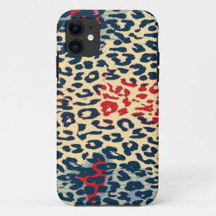 Coque iPhone 11 Rétro peau d'empreinte de léopard de rouge bleu