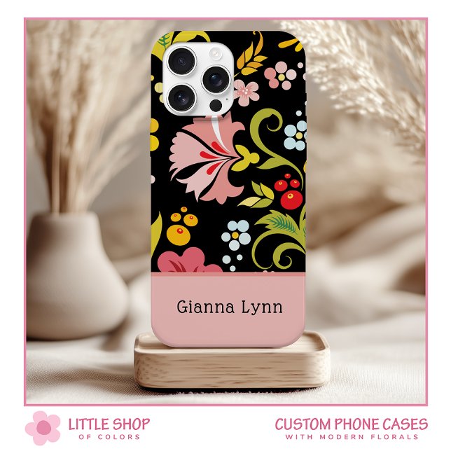 Coques Case-Mate iPhone Rétro Rose Noir Floral Monogrammé (Créateur téléchargé)