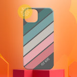 Coque Case-Mate iPhone Retro Sporty rayures rose turquoise nom manuscrit<br><div class="desc">Un arc-en-ciel pastel rétro aux couleurs les années 70 inspirées et un motif minimal. Les couleurs turquoise,  rose et gris peuvent être changées. Les grandes bandes qui tournent en diagonale en font un look audacieux mais minimal pour votre couverture.</div>