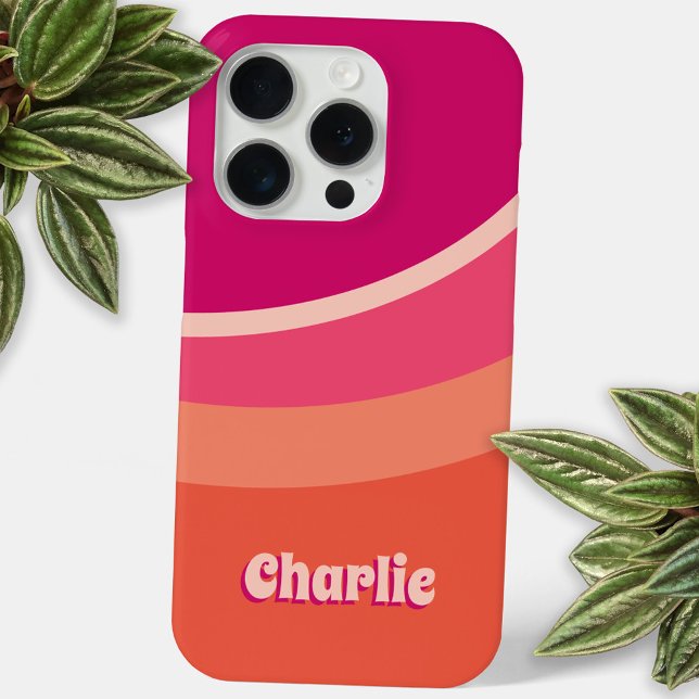 Coques Case-Mate iPhone Retro Super Curve rose orange personnalisé (Fun pink orange retro groovy abstract wavy curve personalized name cell phone case)