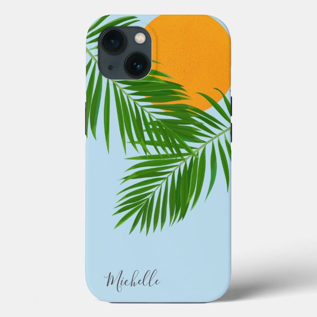 Coques Case-Mate iPhone Retro Tropical Sun Palm Feuille Blue Minimal Nom (Verso)