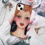 Coque Case-Mate iPhone Retro Whimsical Boho Vintage Inspiré Art Ajouter u<br><div class="desc">Cette peinture mixte a été inspirée par les illustrations trouvées dans les publicités de maquillage vintages des années 1940. Cette belle tête rouge aux lèvres rouges audacieuses est sur un arrière - plan noir velouté et porte une chemise verte olive pour compléter la palette de couleurs douces et se prête...</div>