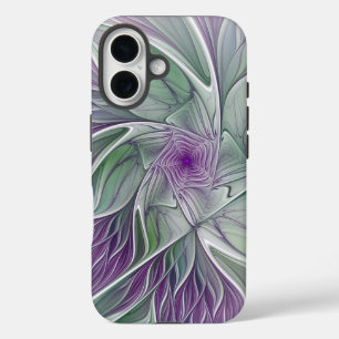 Coque Pour iPhone 16 Rêve de fleurs, Abstrait violet vert Fractal Art