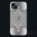 Etui iPhone 13 Revêtement métallique argenté avec Diamants Motif<br><div class="desc">Tons argentés brillant look métallique avec diamants motif 2. monogramme personnalisé et optionnel.</div>