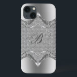 Etui iPhone 13 Revêtement métallique argenté avec Diamants Motif<br><div class="desc">Tons argentés brillant look métallique avec diamants motif 2. monogramme personnalisé et optionnel.</div>