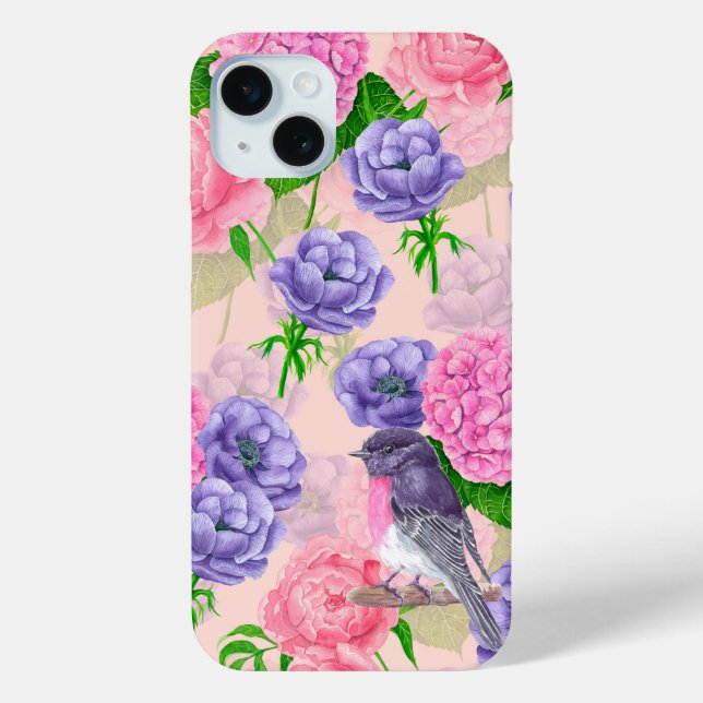 Coques Case-Mate iPhone Robin et fleurs, motif aquarelle (Verso)