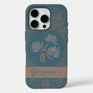 Coque iPhone 16 Pro Rococo Turquoise doré personnalisé Lotus Dot Manda
