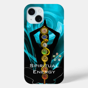 Coque Pour iPhone 15 ROD ASCLEPIUS,7 CHAKRAS YOGA LOTUS POSE Bleu