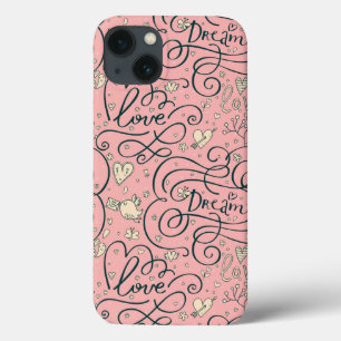 iPhone 13 Case Romantic Pattern with Hearts and Birds