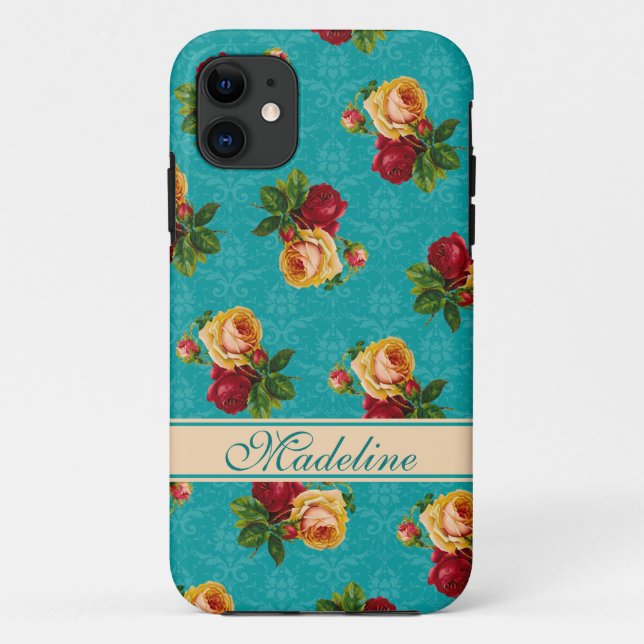Coques Case-Mate iPhone Romantique Red Peach Rose Motif Turquoise Damask (Dos)