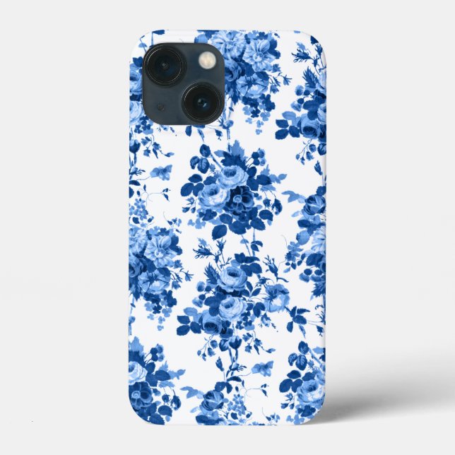 Coques Case-Mate iPhone Romantique Vintage Roses-Bleu sur Blanc (Verso)