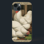 Case-Mate iPhone Case Roosters & Hen outside Hen House with White Border<br><div class="desc">A rustic art print displaying a vigorous rooster and a hen in a hen house. The darc ecru border is pattern consists of spiral elements. This print would be a gread addition to a rural country home decoration.</div>