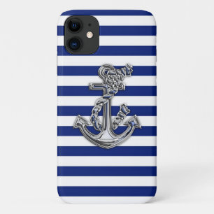 Coque iPhone 11 Rope Anchor on Nautical Stripes
