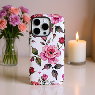 Coque iPhone 16 Pro Rose aquarelle et Motif Feuille