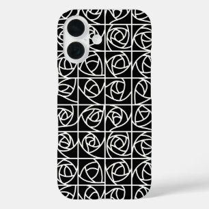 Coque Pour iPhone 16 Rose Art déco Carrés stylisés Floral noir blanc