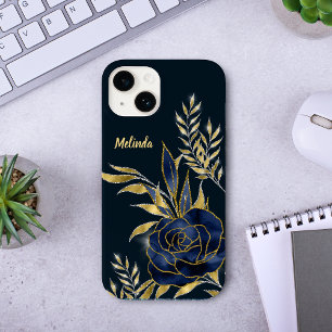 Coque Case-Mate iPhone Rose bleu marine Feuilles or Monogramme