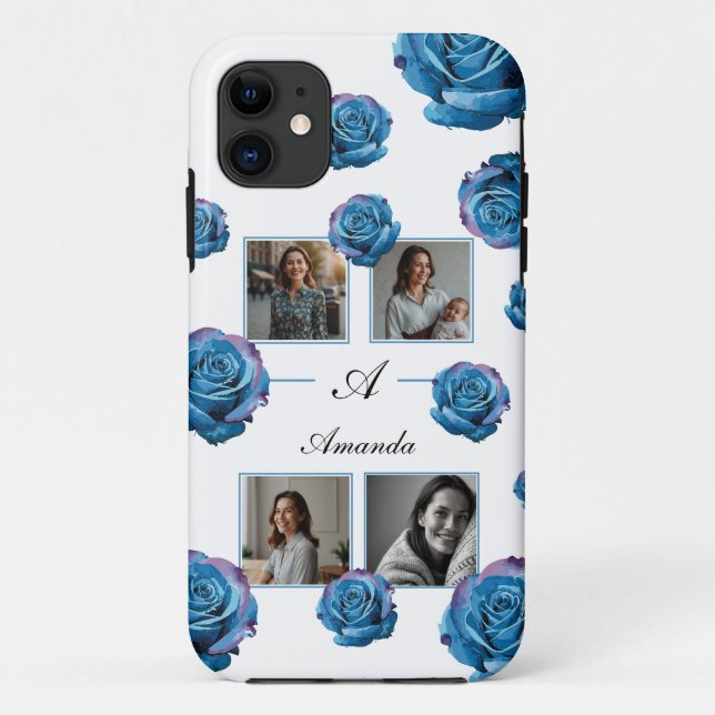 Coques Case-Mate iPhone Rose bleu moderne Monogramme Photo Collage Personn (Dos)