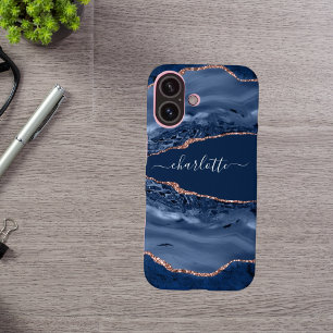 Coque Pour iPhone 16 Rose bleu or agate marbre nom script