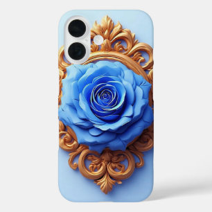 Coque Pour iPhone 16 Rose Bleue Élégante Affichée dans un Cadre Doré Or