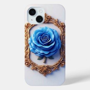 Coque Case-Mate iPhone Rose Bleue Élégante Affichée dans un Cadre Doré Or